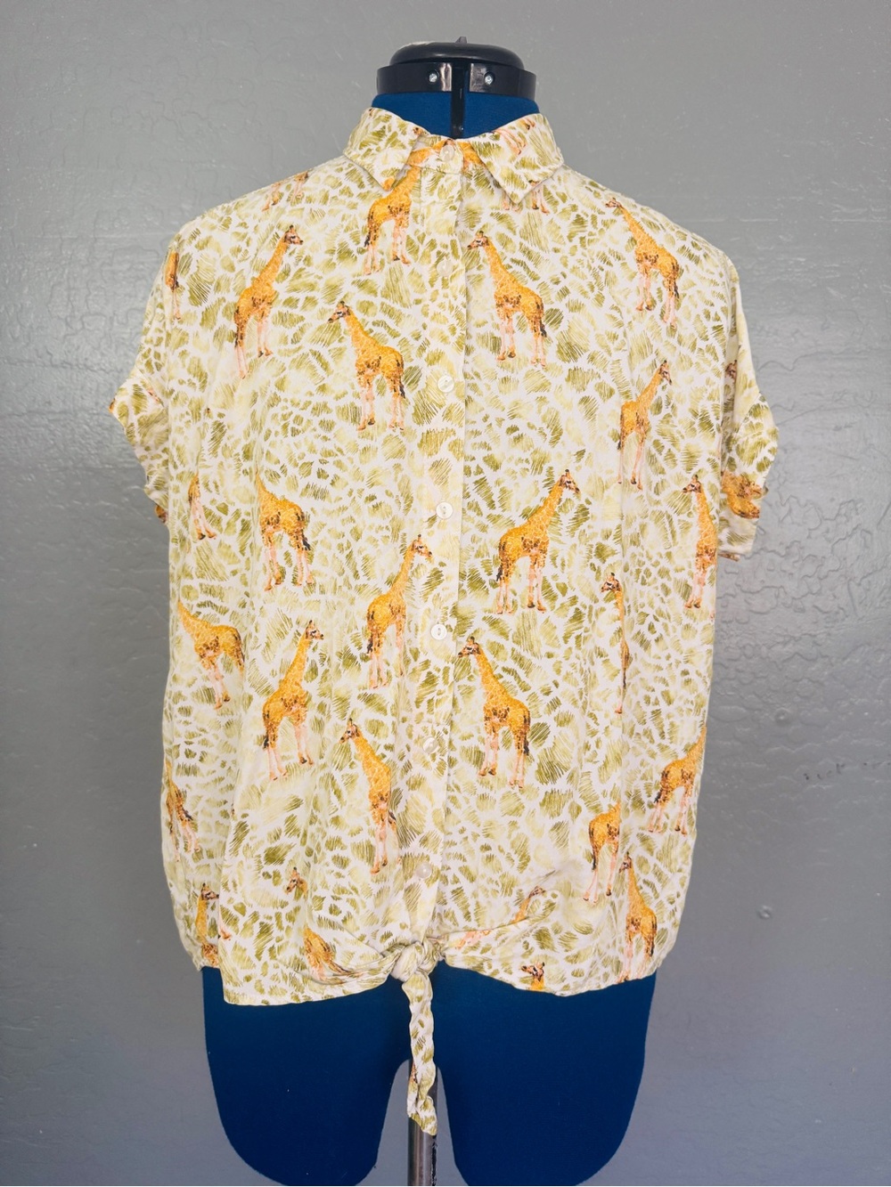 Jane and Delancey Short-Sleeve Button-Down Top in Yellow and Green Giraffe Print